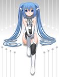  blue_eyes blue_hair chain collar garter_straps gloves hands_on_own_knee long_hair nymph_(sora_no_otoshimono) robot_ears sitting solo sora_no_otoshimono t2r thighhighs twintails very_long_hair 