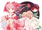  bow bow_(weapon) choker flower full_moon gloves hair_bow kaname_madoka kenneos magical_girl mahou_shoujo_madoka_magica moon night night_sky pink_eyes pink_flower pink_hair pink_rose puffy_sleeves rose short_twintails sky solo twintails weapon white_flower white_gloves white_rose 