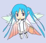  artist_request blue_hair cape chibi chips food long_hair nymph_(sora_no_otoshimono) pauldrons solo sora_no_otoshimono thighhighs twintails wings 