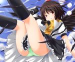  ass black_legwear black_wings blue_sky blush brown_hair camera chro cloud day flying green_panties hat looking_at_viewer open_mouth panties red_eyes ribbon shameimaru_aya shirt skirt sky socks solo touhou underwear upskirt wings 