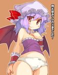  bat_wings blush cameltoe convention_greeting flat_chest hat lavender_hair no_pants orange_eyes panties red_eyes remilia_scarlet solo touhou translated tsuderou underwear white_panties wings wrist_cuffs 