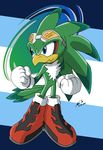  avian beak blue_eyes boots chest_tuft gloves gradient_background green green_body hawk jet_the_hawk pattern_background rapid_the_hedgehog sega solo sonic_(series) sonic_riders tuft 