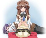  1girl bdsm blush bondage bound brown_hair couple gag gagged_male kamishiro_maiku kneeling long_hair lowres morino_ichigo onegai_teacher onegai_twins otn pillow pleated_skirt purple_eyes purple_hair rope school_uniform short_hair skirt sweater_vest tea thighhighs vest 