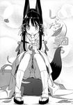  :d absurdres animal_ears bell blush dango eating fang flower food fox_ears fox_tail greyscale hair_flower hair_ornament highres japanese_clothes kuroino_(poco) kuromitsu_nene leaf long_hair monochrome open_mouth original panties pantyshot pantyshot_(sitting) poco_(asahi_age) scan sitting smile solo tabi tail underwear wagashi 