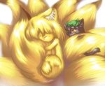  cat chen chen_(cat) darkfiremissle fox hat multiple_girls multiple_tails tail tail_hug touhou yakumo_ran yakumo_ran_(fox) 