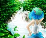  daico from_behind hand_on_hip hand_on_own_head kawashiro_nitori nature river solo tank_top touhou two_side_up 