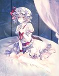  ascot bad_id bad_pixiv_id bare_legs barefoot bed between_legs bow canopy_bed dress fori hand_between_legs hat hat_bow lavender_hair red_eyes remilia_scarlet short_hair sitting solo touhou wrist_cuffs 