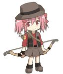  arrow blush bow bow_(weapon) bullet c: chibi cosplay crosshair fingerless_gloves full_body gloves hair_bow hangaku hat highres kaname_madoka mahou_shoujo_madoka_magica pink_eyes pink_hair quiver short_twintails skirt solo team_fortress_2 the_sniper the_sniper_(cosplay) transparent_background twintails vest weapon 