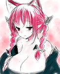  animal_ears bare_shoulders braid breasts cat_ears cat_girl cleavage dress female hair_ribbon han64 han_(jackpot) huge_breasts kaenbyou_rin red_eyes red_hair ribbon sketch solo sweat touhou twin_braids upper_body 