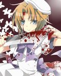  blood blue_eyes brown_hair butterfly crying hat higurashi_no_naku_koro_ni ryuuguu_rena short_hair solo tears weapon weapons 