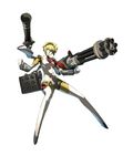  aegis_(persona) blonde_hair blue_eyes fighting_stance gatling_gun gun highres huge_weapon missile necktie official_art parody persona persona_3 persona_4:_the_ultimate_in_mayonaka_arena robot robot_joints slender_waist soejima_shigenori solo weapon 