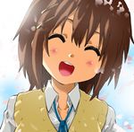  akira_(umihan) brown_hair closed_eyes hirasawa_yui k-on! open_mouth round_teeth school_uniform short_hair smile solo teeth 