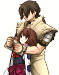  age_difference black_hair blush bow brown_eyes brown_hair couple cuffs handcuffs height_difference kuroda_kanbei long_hair lowres sengoku_basara sengoku_basara_3 short_hair tsuruhime utsugi_(skydream) 