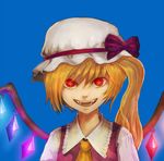  ascot bad_id bad_pixiv_id blonde_hair bow close-up disriv fangs flandre_scarlet glowing glowing_eyes grin hat hat_bow open_mouth red_eyes short_hair side_ponytail simple_background smile solo star star-shaped_pupils symbol-shaped_pupils touhou upper_body wings 
