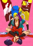  bad_id bad_pixiv_id blue_eyes blue_hair bow chest flag geta headband japanese_clothes jewelry kabuki_danjuurou kyotuka male_focus multicolored_hair necklace one_eye_closed shoes single_shoe sitting solo tengai_makyou tengai_makyou_fuuun_kabuki-den tengai_makyou_ii two-tone_hair yellow_eyes 