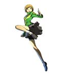  bike_shorts brown_eyes brown_hair fighting_stance highres jacket jpeg_artifacts official_art persona persona_4 persona_4:_the_ultimate_in_mayonaka_arena satonaka_chie short_hair skirt socks soejima_shigenori solo track_jacket 