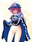  bad_id bad_pixiv_id bottomless clothes_lift dress dress_lift hat japanese_clothes kimono kimono_lift navel nekokotei no_panties obi one_eye_closed pink_eyes pink_hair pussy saigyouji_yuyuko sash seductive_smile smile solo touhou uncensored 