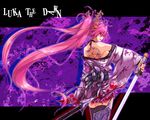  back back_tattoo black_legwear breasts choker from_behind hair_ornament japanese_clothes katana leaf_print long_hair medium_breasts megurine_luka nail_polish off_shoulder pentagram pink_eyes sideboob solo sword tattoo thighhighs twintails very_long_hair vocaloid weapon yukinon_(tsuki_koubou) 