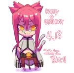  animal_ears blazblue candy cat_ears cat_tail chibi food glasses hand_on_hip happy_birthday jou_(mono) kokonoe lollipop lowres multiple_tails navel navel_cutout pants pince-nez pink_hair red_pants slit_pupils solo tail yellow_eyes 