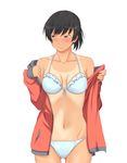  amagami bikini black_hair blush brown_eyes jacket looking_away ponytail short_hair simple_background solo swimsuit tan tanline toki_(tokihakashi) tsukahara_hibiki undressing 