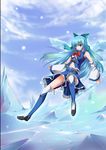  angetsu_no_koshousha blue_eyes blue_hair blush bow breasts cirno crystal_sword detached_sleeves hair_bow ice long_hair medium_breasts midriff older skirt smile solo sword thighhighs touhou underboob weapon wings 