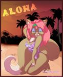  beach cat creamytea feline female fluffy_tail green_eyes hair hawaii invalid_tag kneeling long_tail looking_at_viewer mammal one-piece_swimsuit pink_hair purple_eyeshadow seaside solo swimsuit tail 