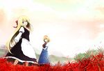  :d alice_margatroid apron arm_strap blonde_hair blue_eyes book bow bowtie cloud dress flower hair_bow hairband head_tilt lefthand long_hair looking_back multiple_girls open_mouth shanghai_doll short_hair skirt skirt_set smile spider_lily touhou 