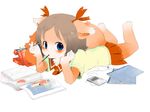  animal_ears blue_eyes blush brown_hair digital_media_player food furry fuyuno_mikan looking_at_viewer lying on_stomach pocky short_hair simple_background skirt solo tail white_background 