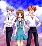  2boys amou_mari ayanami_rei blue_eyes blue_hair brown_hair genderswap genderswap_(ftm) genderswap_(mtf) hands_on_hips ikari_shinji multiple_boys neon_genesis_evangelion orange_hair red_eyes school_uniform souryuu_asuka_langley 