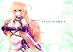  ahoge bad_id bad_pixiv_id blonde_hair breasts choker cleavage copyright_name gloves gradient_hair green_hair long_hair medium_breasts midriff mika_mikan milla_maxwell multicolored_hair navel red_eyes skirt solo strapless sword tales_of_(series) tales_of_xillia tubetop weapon 
