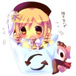  blonde_hair blush bucket charlotte_(madoka_magica) chibi chocolat_(momoiro_piano) commentary drill_hair gloves hat in_bucket in_container long_sleeves mahou_shoujo_madoka_magica minigirl open_mouth pink_hair recycle_bin shirt skirt tears tomoe_mami translated trash_can twin_drills twintails white_gloves yellow_eyes 