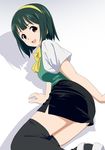  brown_eyes green_hair hairband idolmaster idolmaster_(classic) lying on_side otonashi_kotori ponnetsu short_hair solo thighhighs yellow_hairband 