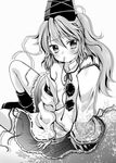  bare_shoulders blush flat_chest greyscale hat japanese_clothes kariginu long_hair monochrome mononobe_no_futo motatei mouth_hold neck_ribbon off_shoulder open_clothes ponytail ribbon sitting skirt solo tate_eboshi touhou 