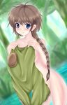  aoi_kanan atelier_(series) atelier_meruru bad_id bad_pixiv_id blue_eyes blush braid breasts brown_hair clothes_in_front covering hair_over_shoulder juana_olsys long_hair medium_breasts nude nude_cover patch sideboob single_braid smile solo wading 