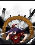  hair_ornament hand_in_hair highres kasu_kazu letterboxed mirror pillar purple_hair red_eyes rope shimenawa shirt sitting skirt smirk solo touhou wristband yasaka_kanako 