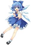  bloomers blue_eyes blue_hair blue_skirt bow cirno fairy fang foreshortening full_body hair_bow hand_on_hip highres ice looking_at_viewer mary_janes neck_ribbon open_mouth pointing ribbon shoes short_hair skirt smile socks solo standing touhou transparent_background underwear wings yui_(daijun) 