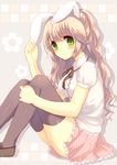  animal_ears blonde_hair blush bunny_ears green_eyes kinoko long_hair original sitting solo thighhighs zettai_ryouiki 