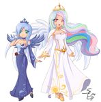  bare_shoulders blue_hair celestia_(my_little_pony) choker dress full_body green_eyes high_heels highres long_hair luna_(my_little_pony) multicolored multicolored_hair multiple_girls my_little_pony my_little_pony_friendship_is_magic open_mouth personification pink_eyes rainbow_hair seiryuga shoes siblings sisters sparkle tiara transparent_background wings 