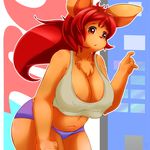 anthro breasts chest_tuft chubby cleavage clothed clothing female fur hair lagomorph mammal maverick rabbit red_hair shirt shorts solo standing tank_top tuft 