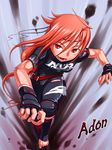  adon_(street_fighter) ahoge alternate_costume bodysuit character_name fingerless_gloves genderswap genderswap_(mtf) ginger_(pixiv) gloves highres inkblot knee_pads long_hair midnight_bliss mixed_martial_arts red_eyes red_hair street_fighter street_fighter_iv_(series) toeless_legwear 