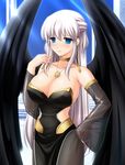  angel_wings black_wings blue_eyes blush breasts choker cosplay covered_nipples detached_sleeves dress earrings half_updo huge_breasts jewelry kafu long_hair mabinogi nao_(mabinogi) neamhain neamhain_(cosplay) necklace nipples see-through silver_hair smile solo wings 