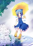  blue_dress blue_eyes blue_hair blush boots bow cirno dress flower grin hair_bow hinata_ichi hydrangea rain rubber_boots smile solo touhou umbrella wings yellow_footwear 