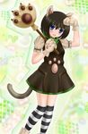  :d animal_ears aoi_kanan bad_id bad_pixiv_id black_hair black_legwear blue_eyes blush cat_ears cat_paws cat_tail dress fang kneehighs melynx monster_hunter open_mouth paw_pose paw_print paws personification scarf short_hair smile solo striped striped_legwear tail thighhighs white_legwear 