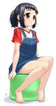  barefoot black_hair blush brown_eyes child denim eyebrows feet legs long_hair mizuki_gyokuran original overall_skirt overalls ponytail raglan_sleeves sitting skirt smile solo 