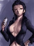  areola_slip areolae black_hair breasts cellphone center_opening el_shaddai fumio_(rsqkr) genderswap genderswap_(mtf) hand_on_hip large_breasts lips lucifel_(el_shaddai) navel nose open_clothes open_shirt phone red_eyes shirt short_hair solo 
