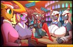  absol anthro arbok armwear big_breasts blush breasts christmas clothed clothing delphox delphox_waitress eevee english_text female gloves group hat holidays huge_breasts legwear lucario naomi_(r-mk) nintendo pok&eacute;mon pok&eacute;mon_(species) r-mk santa_hat size_difference skinny slim smaller_female sneasel speech_bubble stockings text video_games violet_(r-mk) 