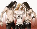  black_hair blonde_hair blood body_piercing brown_hair eyes_closed family jewelry long_hair lost_souls molochai original realistic red_background shirtless siblings simple_background standing tattoo trio twig twins white_background yaoi zillah 