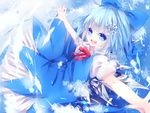  bad_id bad_pixiv_id blue_eyes blue_hair bow cirno dress hair_bow neck_ribbon nonaka open_mouth outstretched_arms ribbon short_hair smile snowflakes solo touhou wings 