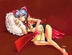  apron bad_id bad_pixiv_id bell blue_hair bow hair_bow hebina_masayoshi original pillow red_eyes robot school_swimsuit short_hair solo swimsuit tail 