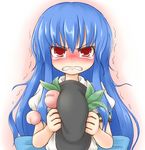  blue_hair blush dress food fruit hat hat_removed headwear_removed hinanawi_tenshi holding holding_hat long_hair nice peach red_eyes solo tears touhou trembling upper_body white_dress 
